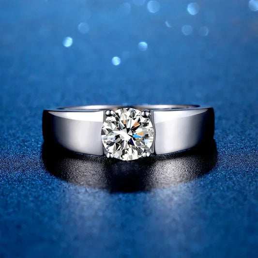 “2-carat D color moissanite men’s wedding band, 925 sterling silver, GRA certified.”