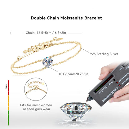 “1ct Moissanite Bracelet, 925 Silver Double Chain, Elegant Wedding Jewelry Gift.”