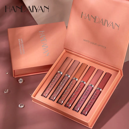 “Set of 6 long-lasting, non-stick, fade-resistant matte lipsticks.”