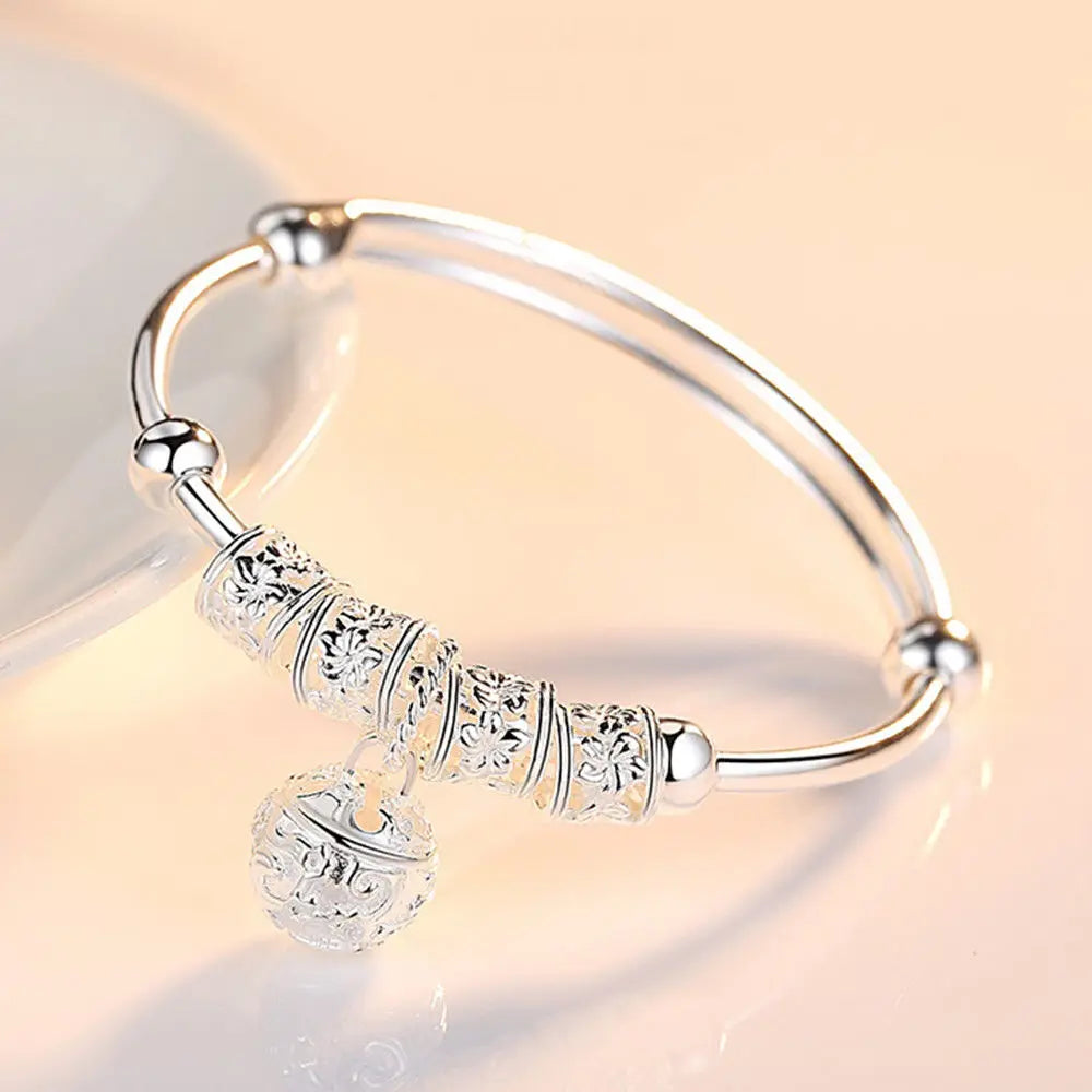 “Fine Silver Color Hollow Bell Ball Bangles, Adjustable Bracelets for Women, Fashion Jewelry.”