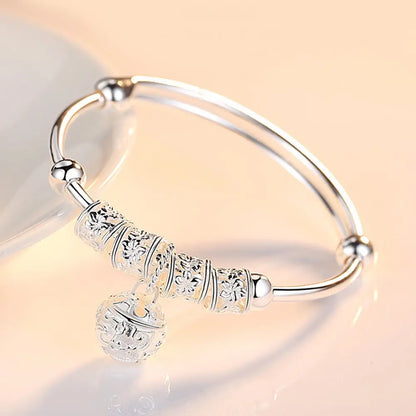 “Fine Silver Color Hollow Bell Ball Bangles, Adjustable Bracelets for Women, Fashion Jewelry.”