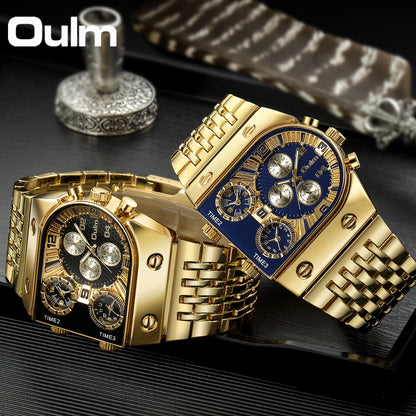 “Unique Men’s Square Gold Quartz Watch Sports Multi-Time Zone Waterproof Wristwatch.”