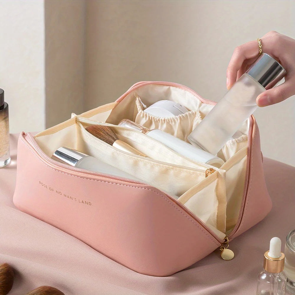 “Luxury makeup organizer bag, zippered, portable travel case for toiletries and cosmetics.”