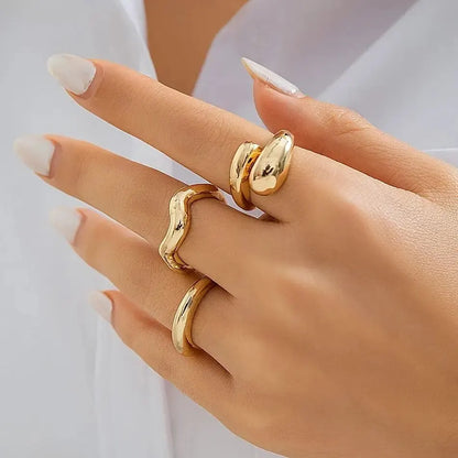 “3Pcs Geometric Wave Shaped Ring Set – Trendy, Irregular, Adjustable Open Rings for Women”