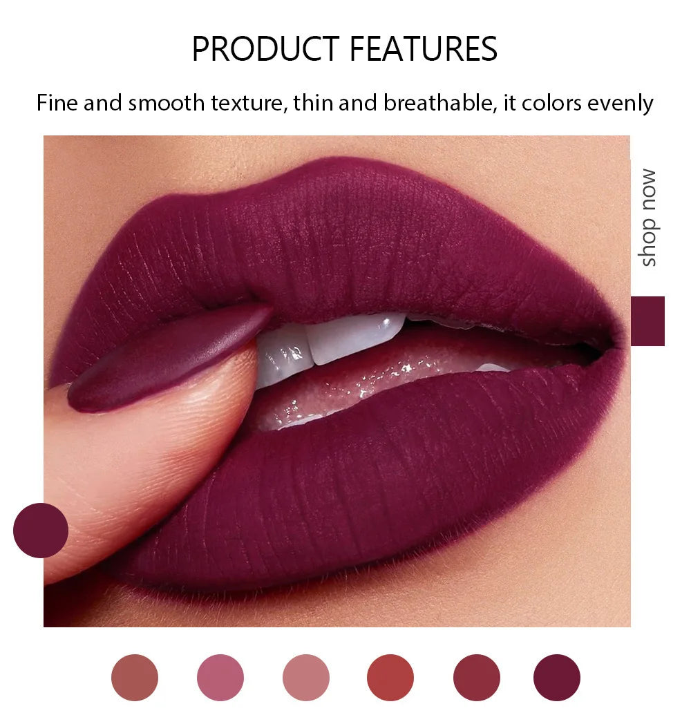 “6-Color Matte Lipstick – Non-Fading, Non-Stick, Waterproof, Smudge-Proof Velvet Finish”