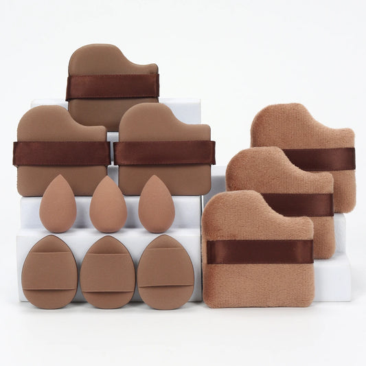 “12-piece makeup sponge set: powder puffs, air cushion puffs, and beauty eggs.”