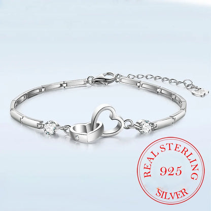 “925 sterling silver double heart bracelet, cubic zirconia, perfect Valentine’s gift.”