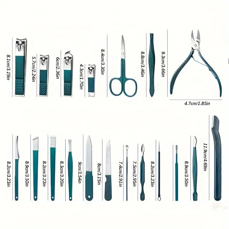“Professional nail care kit: 7-18 pieces, stainless steel with travel case.”