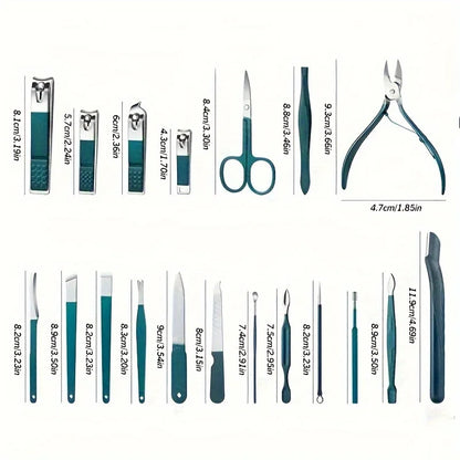 “Professional nail care kit: 7-18 pieces, stainless steel with travel case.”