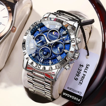 “Luxury men’s quartz sports watch, waterproof, luminous, stainless steel chronograph.”