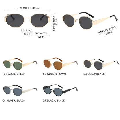 “Retro oval sunglasses, luxury metal frame, classic unisex design for driving.”