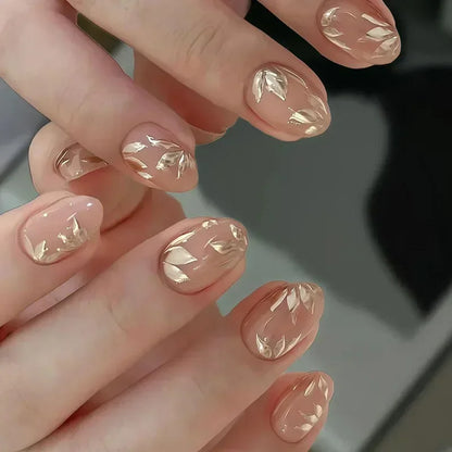 “24Pcs Matte Almond Press-On Nails – Autumn Winter Rose Leaf Design, Full Cover with Glue”