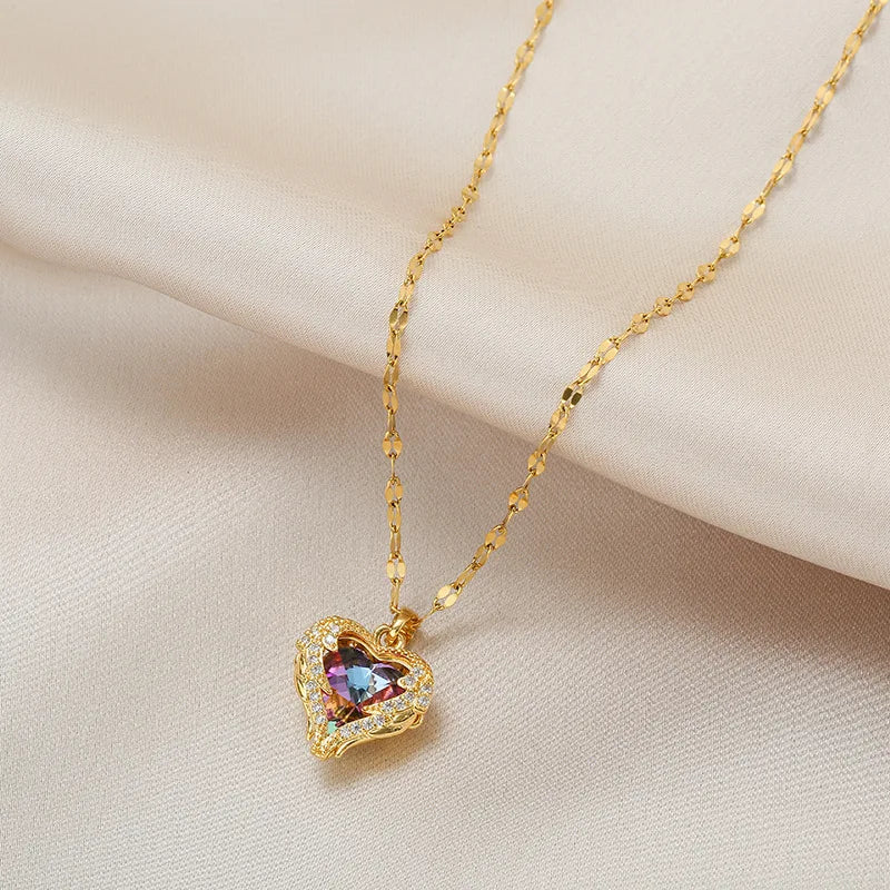 “Top Luxury Colorful Crystal Ocean Heart Pendant Necklace - 316L Stainless Steel Jewelry.”