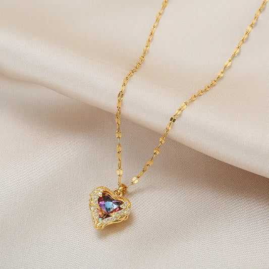 “Top Luxury Colorful Crystal Ocean Heart Pendant Necklace - 316L Stainless Steel Jewelry.”