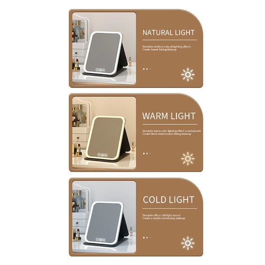 "3 Colors dimmable LED makeup mirror with touch screen, foldable, rechargeable, travel-friendly."