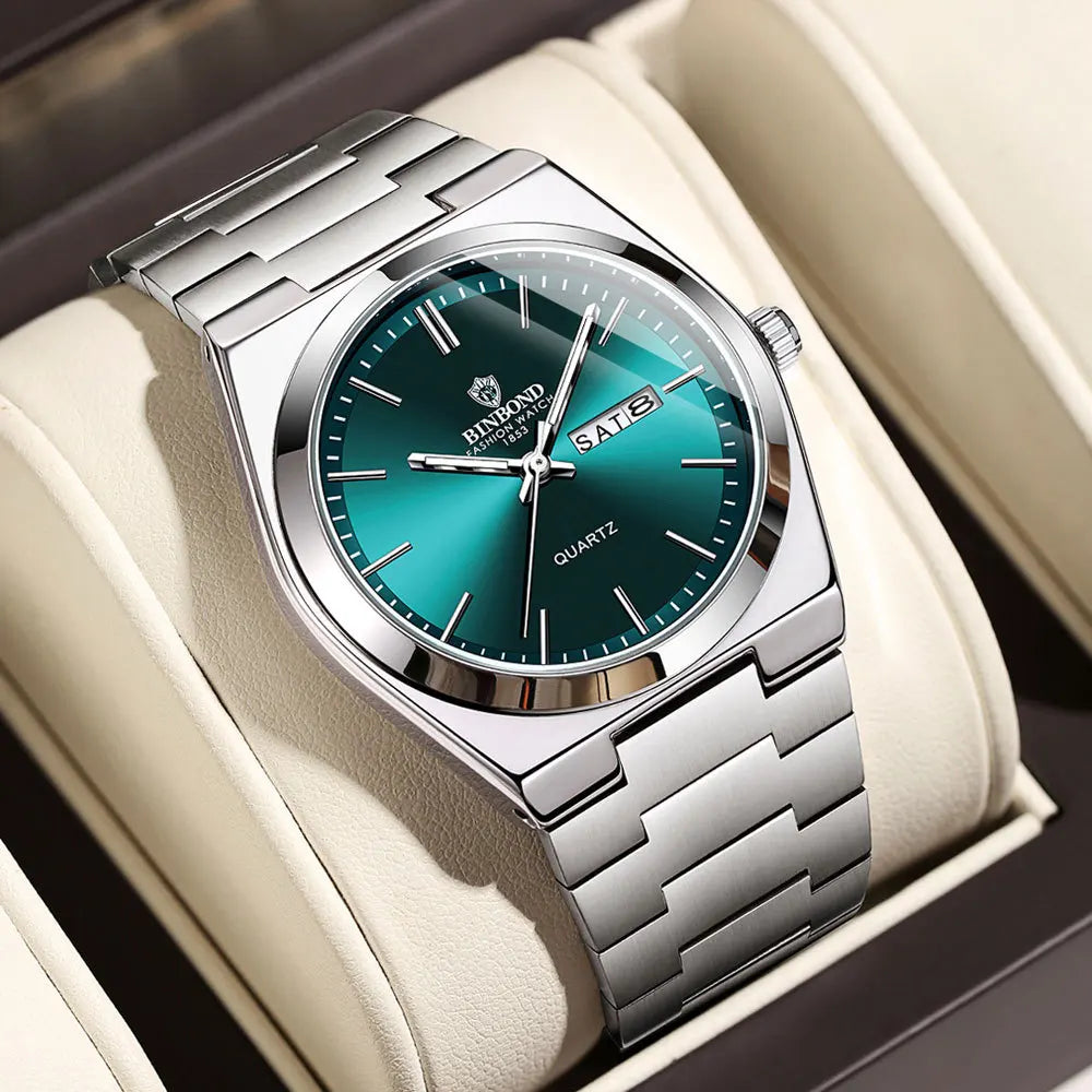“Luxury stainless steel men’s watch, waterproof, double calendar, quartz movement.”