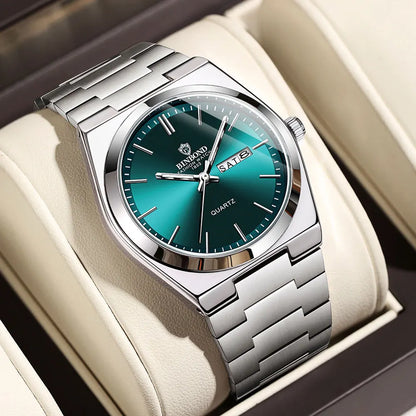 “Luxury stainless steel men’s watch, waterproof, double calendar, quartz movement.”