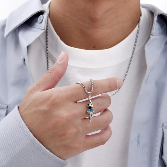“Stylish Blue Stone Necklace for Men & Women - Stainless Steel Geometric Pendant.”