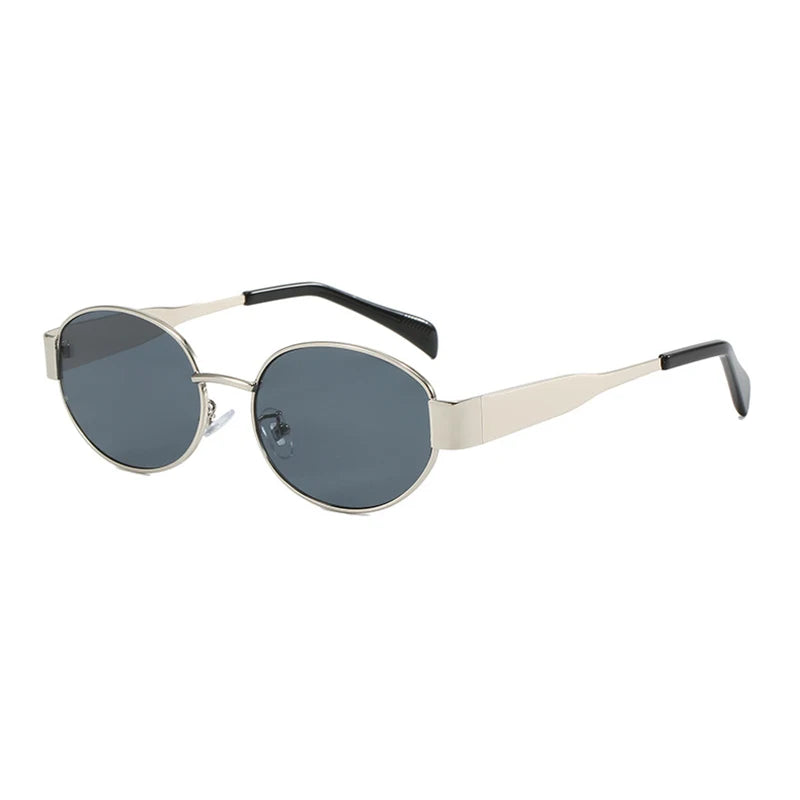 “Retro oval sunglasses, luxury metal frame, classic unisex design for driving.”