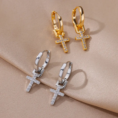 “Zircon Cross Dangle Earrings for Women, Stainless Steel, Trending Wedding Jewelry.”