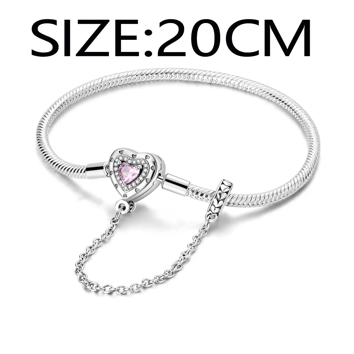 “Silver plated charm bracelet with safety chain, snake chain fits beads, perfect gift.”