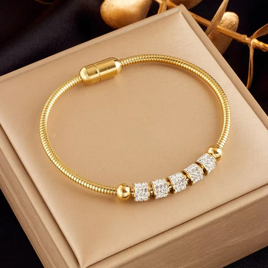 “316L stainless steel gold rhinestone bracelet, magnetic clasp, stylish women’s jewelry gift.”