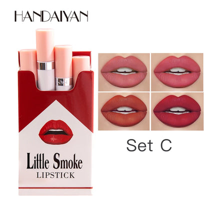 “Matte velvet lipstick set, 4pcs small size, long-lasting color, fade-resistant formula.”