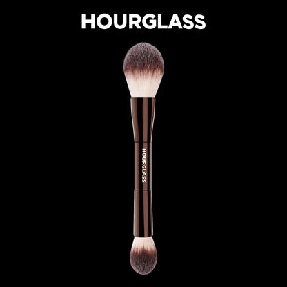“Veil powder brush, soft fiber, double head, lightweight, perfect for smooth face makeup.”