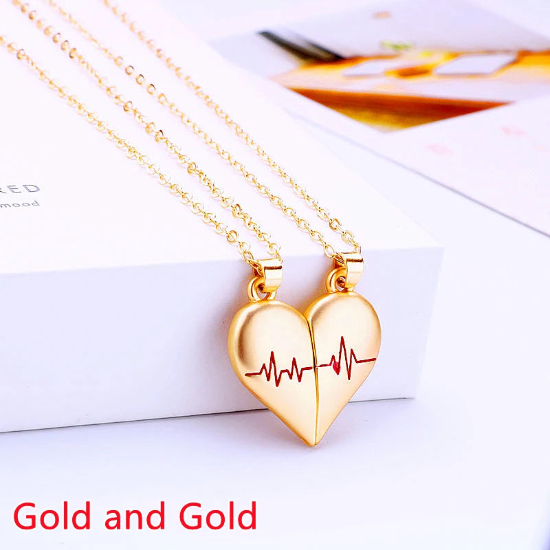 “Simple Couple Pendant Necklace – Electrocardiogram & Magnetic Heart Design, Valentine’s Day Gift”