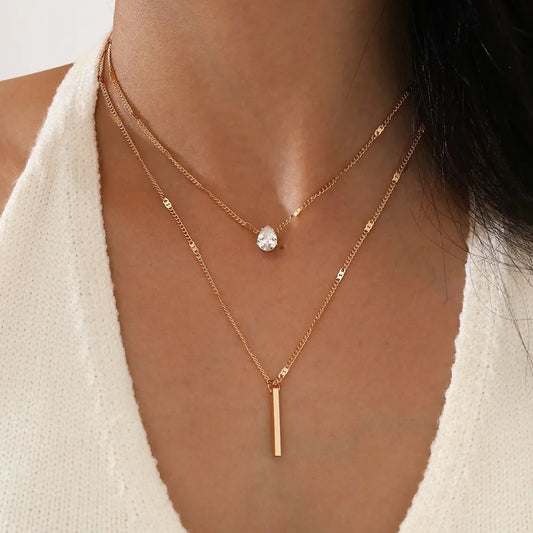 “Fashion Multi-Layer Necklace for Women - Crystal Water Drop Pendant, Gold/Silver Color Choker.”