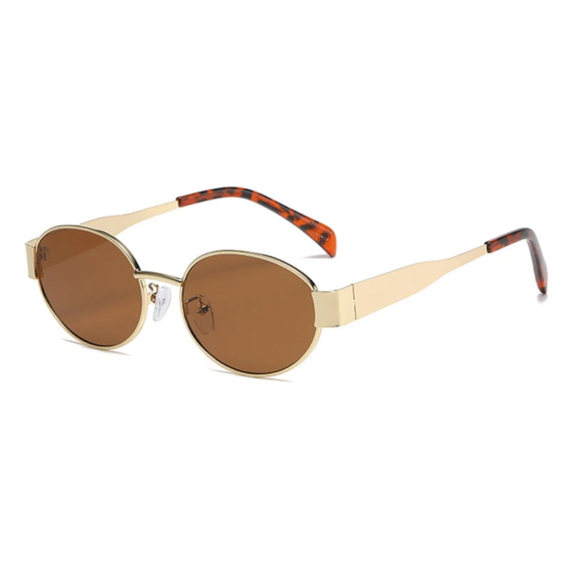 “Retro oval sunglasses, luxury metal frame, classic unisex design for driving.”