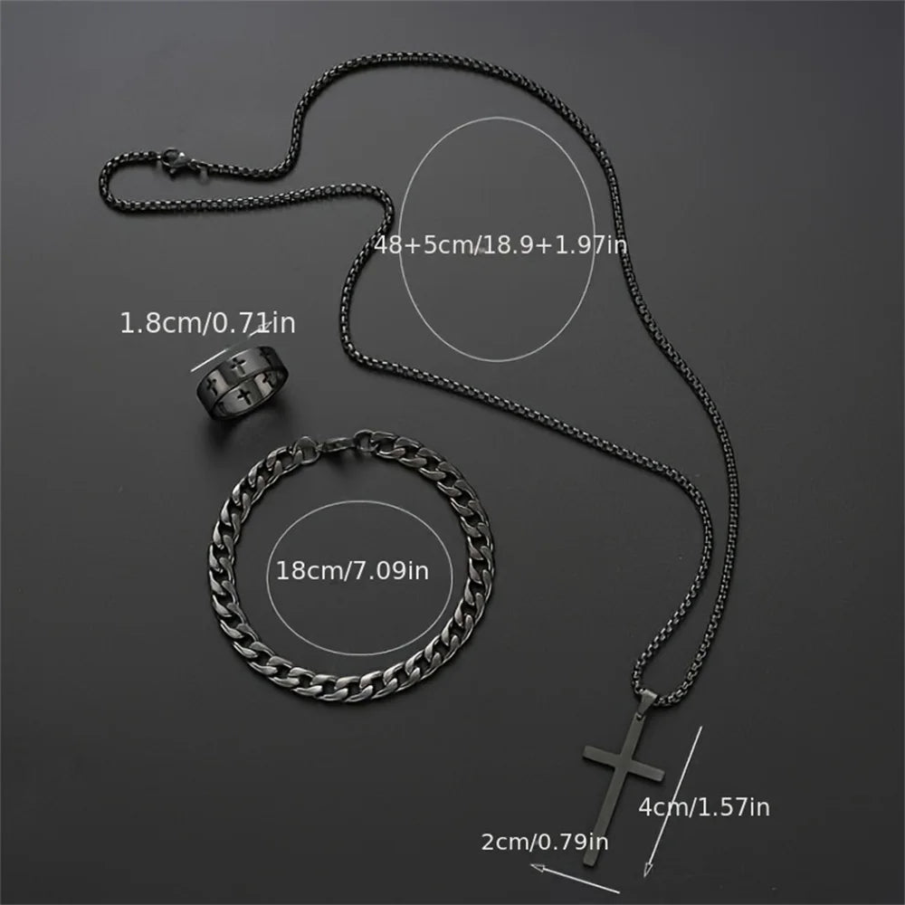 “3pcs Men’s Stainless Steel Metal Cross Pendant Set - Necklace, Bracelet, Ring for Daily Wear.”