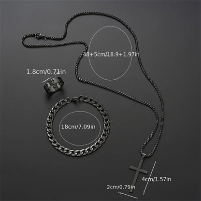 “3pcs Men’s Stainless Steel Metal Cross Pendant Set - Necklace, Bracelet, Ring for Daily Wear.”