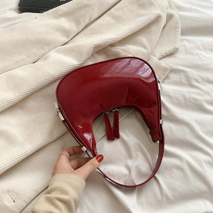 “Vintage PU leather half-moon small handbag, luxury, retro red, mini tote.”