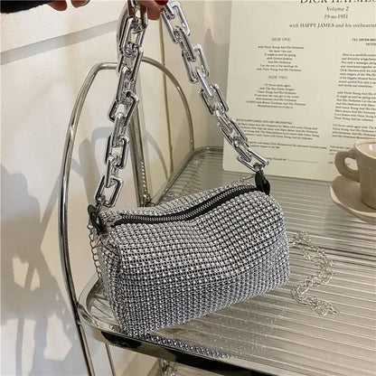 “Glitter rhinestone bucket bag with chain, mini crossbody purse for women.”