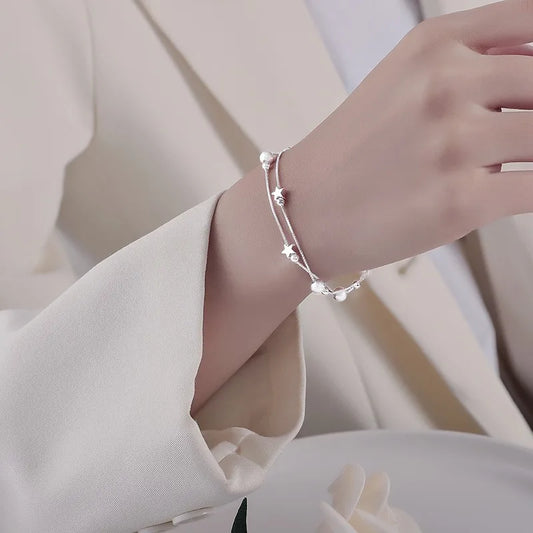 “Luxury 925 sterling silver star beaded double-layer adjustable bracelet for women.”