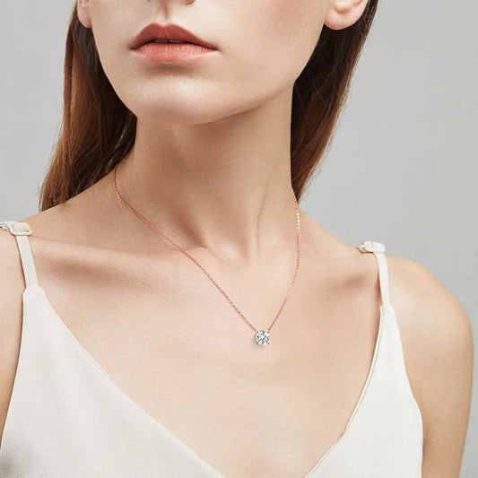 “Rose gold moissanite necklace, sparkling D color, 925 sterling silver pendant.”
