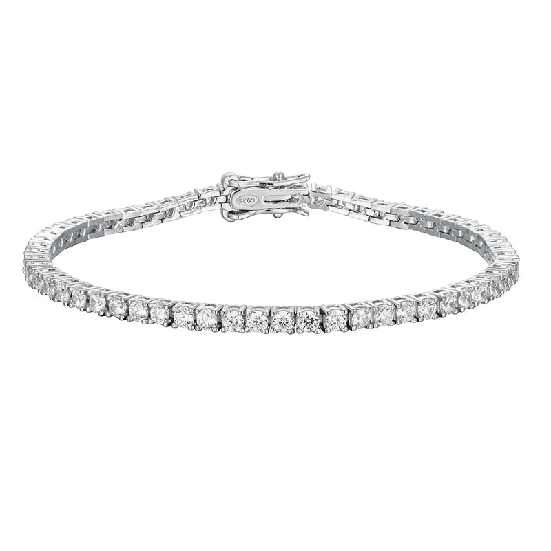 “Moissanite Tennis Bracelet, Sterling Silver, White Gold Plated, Sparkling Party Jewelry.”