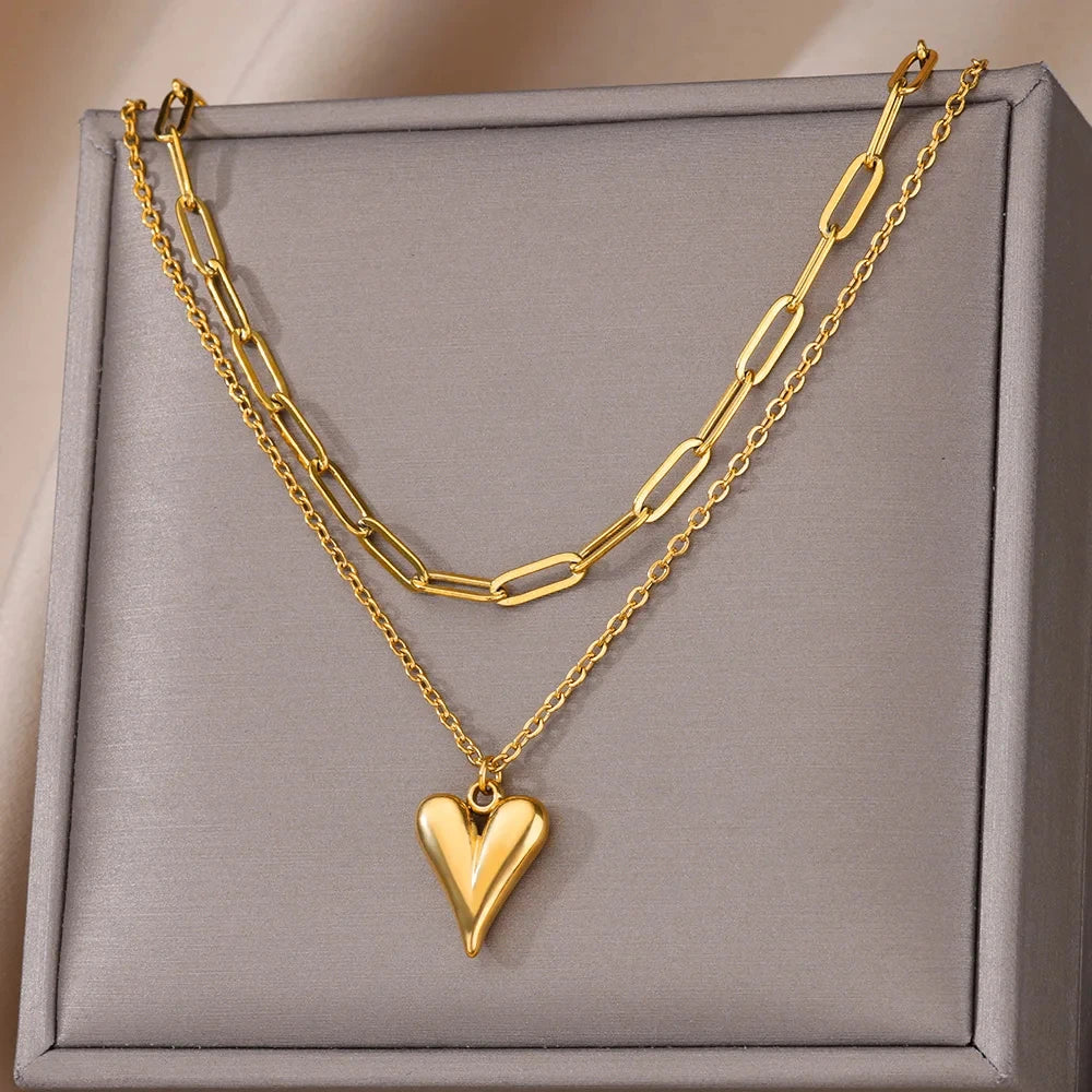 “316L Stainless Steel Heart Necklace - Multilayer Gold Goth Jewelry.”