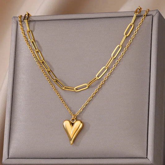 “316L Stainless Steel Heart Necklace - Multilayer Gold Goth Jewelry.”