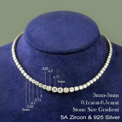 “Moissanite tennis necklace, 3-5mm gradient stones, 925 silver, certified luxury design.”