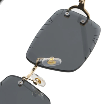 “Square rimless sunglasses, trendy metal frame, high-grade unisex street style.”