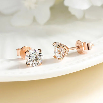 “Rose gold moissanite stud earrings, 0.2-3CT, 925 silver, perfect for weddings.”
