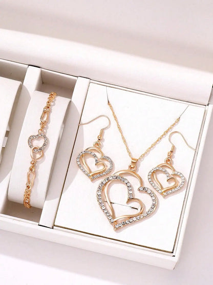 “3-Piece Heart-Shaped Jewelry Set - Earrings, Pendant, Necklace with Rhinestones.”