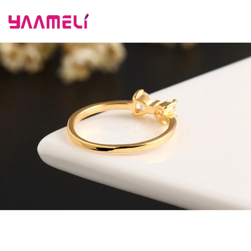 “Luxury Austria Crystal 925 Silver Gold Bow Ring Women Wedding Engagement Jewelry.”