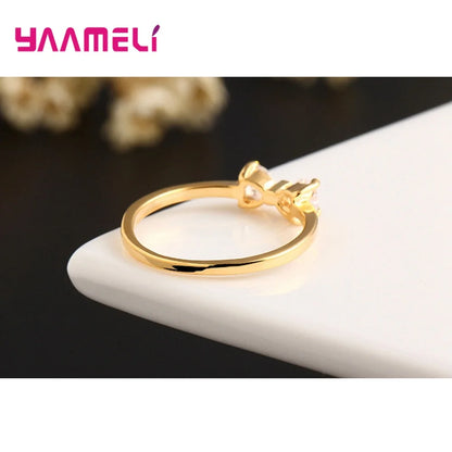 “Luxury Austria Crystal 925 Silver Gold Bow Ring Women Wedding Engagement Jewelry.”