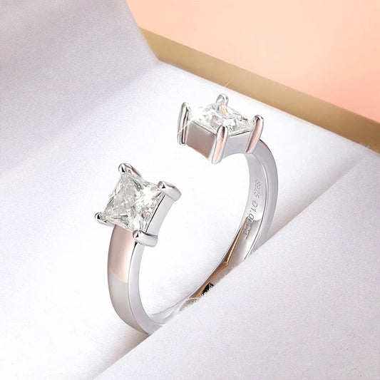 “1CTTW 4.5mm Princess-Cut Moissanite Ring, Adjustable Sterling Silver Wedding Band.”