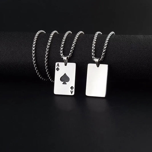 “2Piece Hip Hop Stainless Steel Poker Card Ace of Spades Necklace - Unisex Jewelry.”