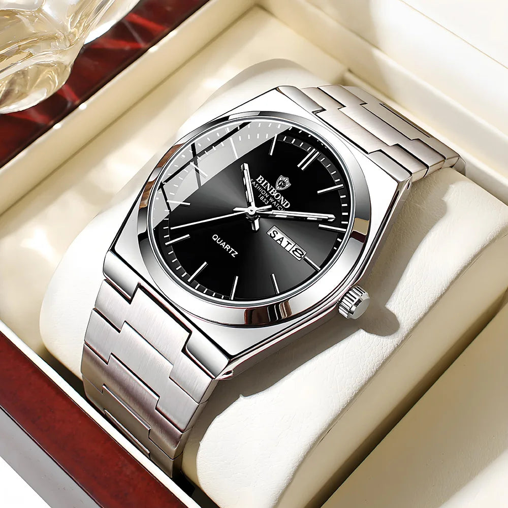 “Luxury stainless steel men’s watch, waterproof, double calendar, quartz movement.”