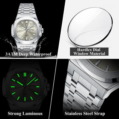 “Luxury military square men’s watch, waterproof, luminous date/week, stainless steel quartz.”